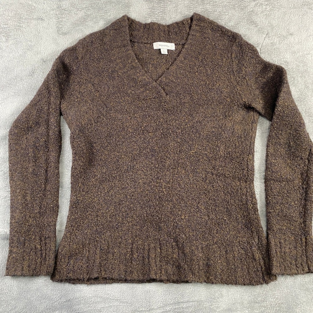 Merona Wool Blend Sweater Womens L Brown Textured V Neck Long Sleeve Preppy